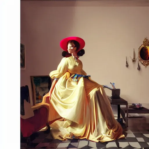 Image similar to photorealistic photoshoot puerto rican fashion designer clothe in tetradic color scheme, pieter de hooch lighting