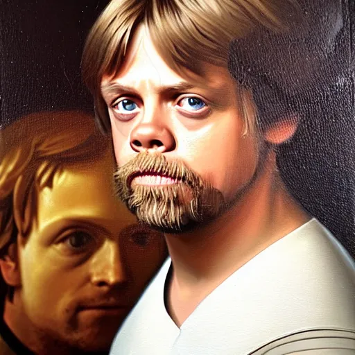 Prompt: a portrait painting of young mark hamill playing luke from star wars in a renaissance style hanging in the louvre