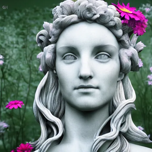 Prompt: an idealistic marble statue with flowery hair in a fractal garden, unreal engine, 8k render, beautiful, full frame,