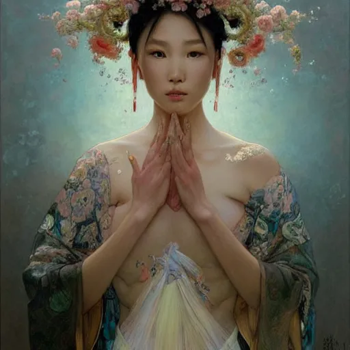 Image similar to A portrait of The bride in a Chinese wedding by Ross Tran!!! and alphonse mucha and greg rutkowski! and Gustave Doré!! and Zdzisław Beksiński!,In style of Impressionism.Symmetry.Highly detailed face.Fantasy,smooth,hyper detailed,sharp focus,Soft light.trending on artstation.oil on canvas