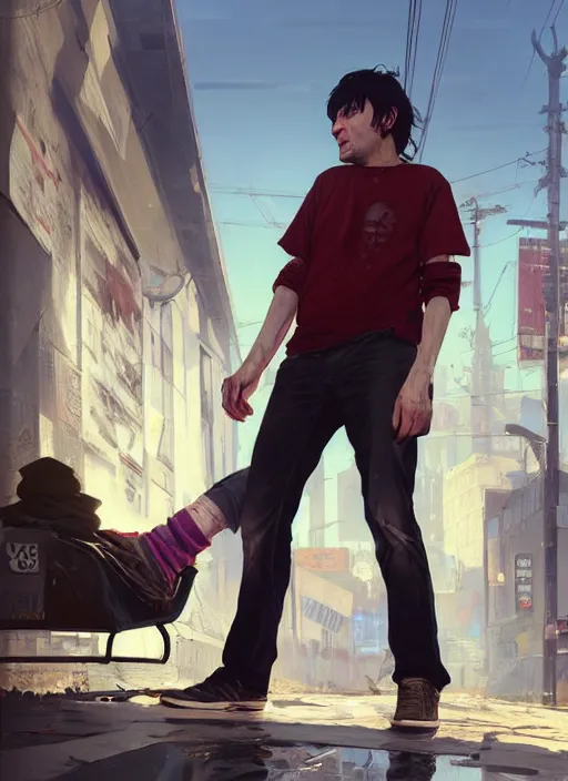 Image similar to Highly detailed full-body portrait of homeless and beaten up Martin Shkreli, in GTA V, Stephen Bliss, unreal engine, fantasy art by Greg Rutkowski, Loish, Rhads, Makoto Shinkai and Lois van baarle, ilya kuvshinov, rossdraws, Tom Bagshaw, global illumination, radiant light, detailed and intricate environment