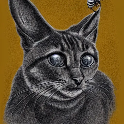 Image similar to a biological illustration of a cat with horns and a bee sting, pencil drawing