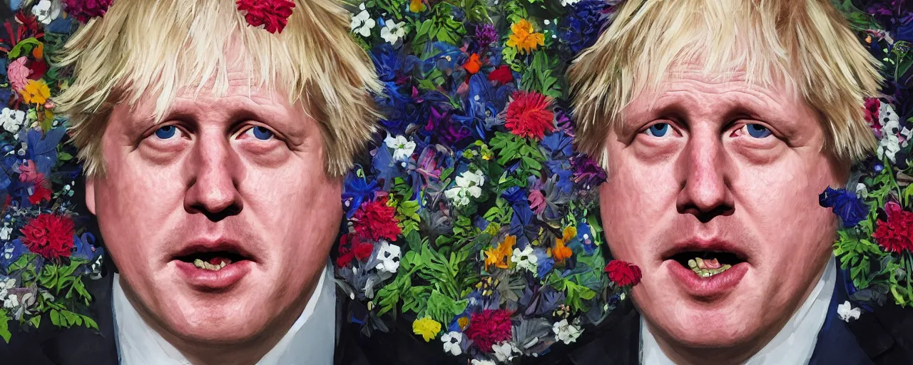 Prompt: portrait of boris johnson lined with flowers