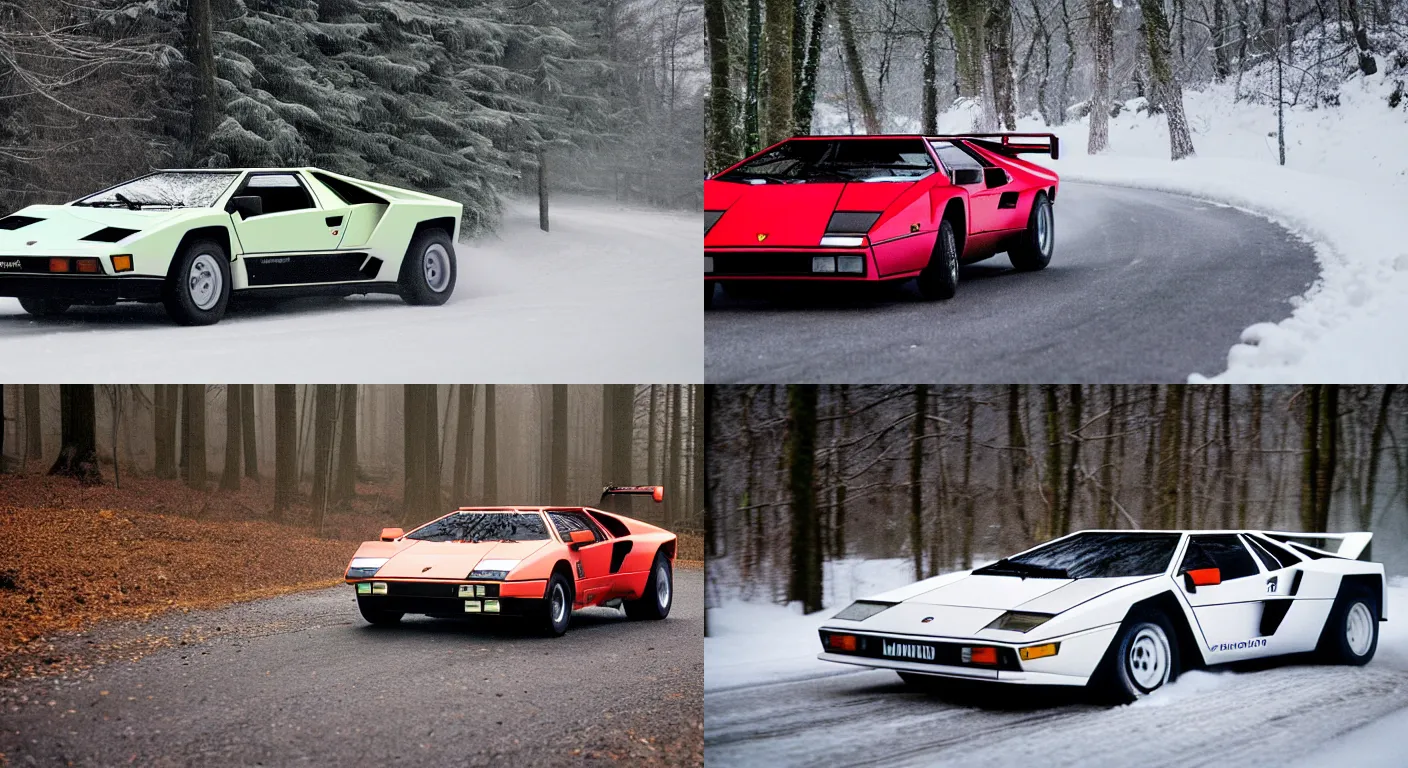 Prompt: a 1 9 8 8 lamborghini countach lp 5 0 0 0 qv, racing through a rally stage in a snowy forest
