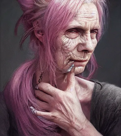 Image similar to full portrait of a hag, ugly woman, rough features, warts, long hook nose, muscular, half body, cloth, pink hair, d & d, fantasy, intricate, highly detailed, digital painting, artstation, concept art, smooth, sharp focus, illustration, art by artgerm and greg rutkowski and alphonse mucha