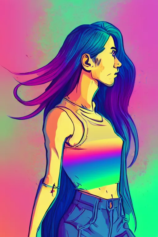 Image similar to a award winning half body portrait of a beautiful woman with stunning eyes in a croptop and cargo pants with rainbow colored ombre hairstyle head in motion and hair flying by josan gonzales, outrun, vaporware, shaded flat illustration, digital art, trending on artstation, highly detailed, fine detail, intricate