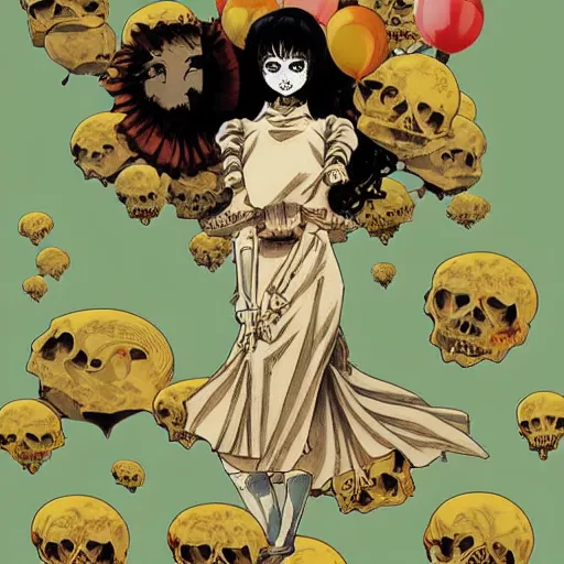 Image similar to anime manga skull portrait girl female skeleton holding balloon clouds in background illustration detailed patterns art Geof Darrow and Phil hale and Ashley wood and Ilya repin alphonse mucha pop art nouveau