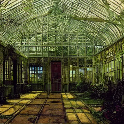 Image similar to a beautiful painting of a large overgrown victorian greenhouse with an eerie green translucent ghost and with large windows, warm lights, evening, stunningly beautiful architecture, by john atkinson grimshaw