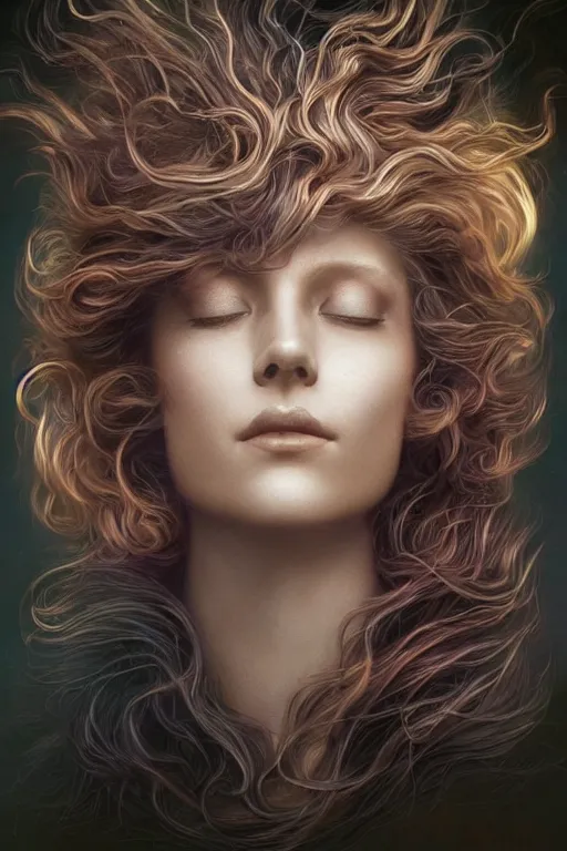 Image similar to wind blowing hair!!! meditation! a celestial psychedelic being, dreaming of the void, bust portrait, dnd, fantasy, intricate, elegant, highly detailed, digital painting, artstation, concept art, smooth, sharp focus, illustration, art by artgerm and tom bagshaw and greg rutkowski and alphonse mucha