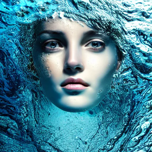 Prompt: water artwork manipulation in the shape of a beautiful female head, on the ocean water, ray tracing, realistic water sharp focus, long shot, 8 k resolution, cinematic, realistic water art
