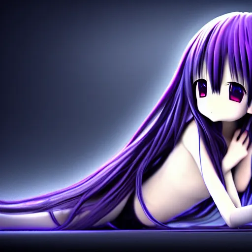 Image similar to A render of a cute young 3D anime girl with long violet hair, she is laying on her back, top down camera angle pointing at her face, wearing a long flowing black reaper hood with black pants, a bloody scythe is laying next to her foot, in a dark field, laying on her back, full body, dark and moody lighting, night time