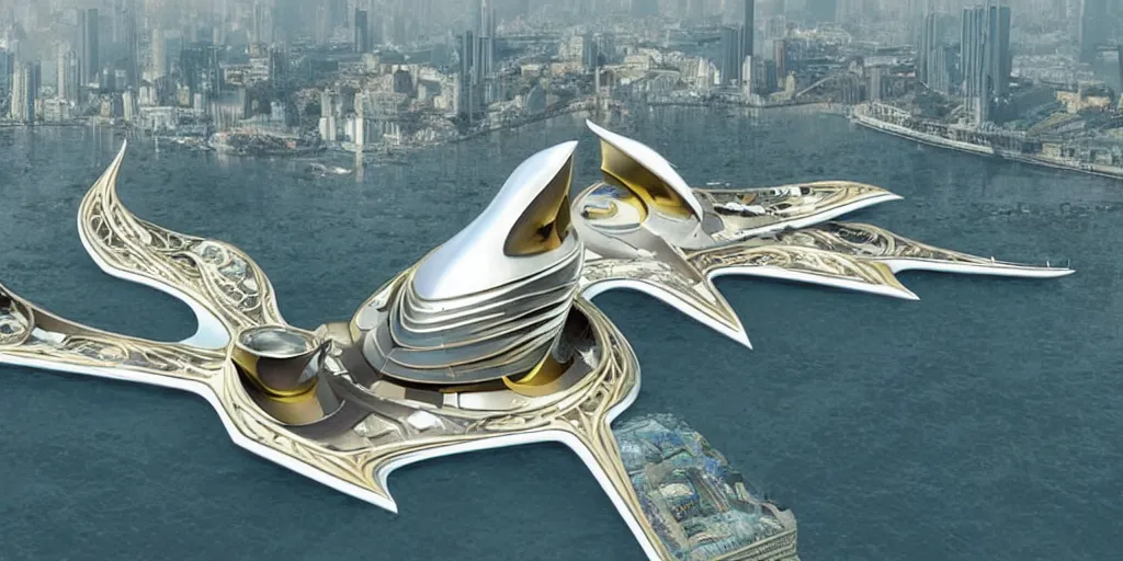 Prompt: mosque floating spaceship by zaha hadid, golds fantasy world