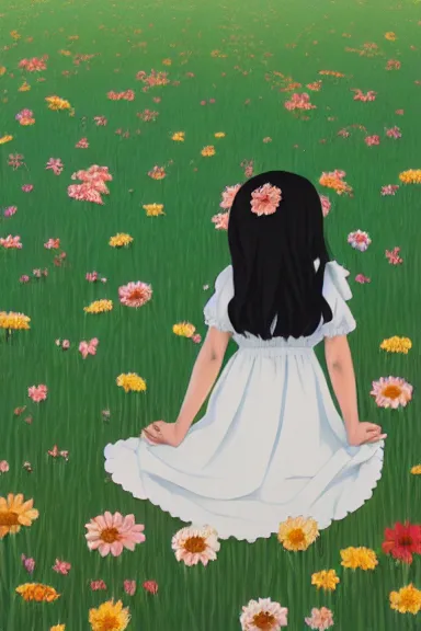 Image similar to little girl with her long black hair dressed in a simple white dress laying down on a flowery field, anime art style, digital art by ilya kuvshinov, inspired by balthus, hd, 4 k, hyper detailed, rear view