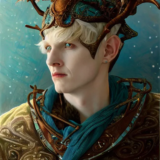 Image similar to a close - up portrait of an androgynous handsome male snow elf in a turquoise cape and silver armour, albino skin, winter vibes, elegant, very coherent symmetrical artwork, by tomasz alen kopera and alphonse mucha and charlie bowater, photorealistic