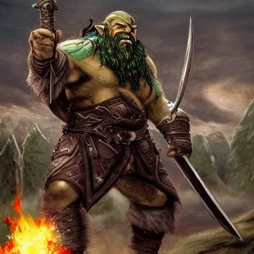 Prompt: epic battle photo of gimli as an elf wielding 2 swords against some orcs