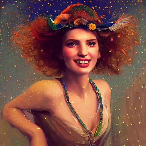 Image similar to a totally amazed smiling pretty woman surrounded by golden firefly lights in a mesmerizing scene, fully covering intricate detailed bohemian outfit, long loose red hair, precise linework, accurate green eyes, small nose with freckles, beautiful smooth oval head, expressive emotions, hyper realistic ultrafine portrait by artemisia gentileschi, jessica rossier, greg rutkowski, artgerm