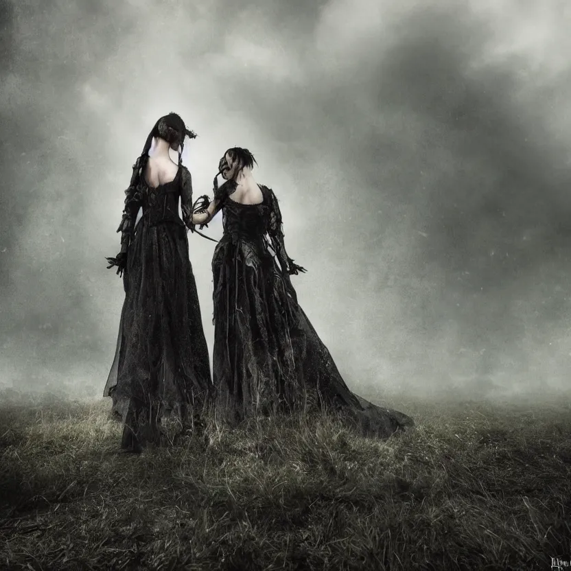 Image similar to A Gothic couple of jewels in an empty land, dark romance, dark and mysterious, atmospheric, ominous, eerie, cinematic, Epic, 8k, 4k, ultra detail, ultra realistic, rendered by awesomeness