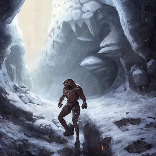 Image similar to bulky anthropomorphic turtle brute by greg rutkowski, winter, ice cave