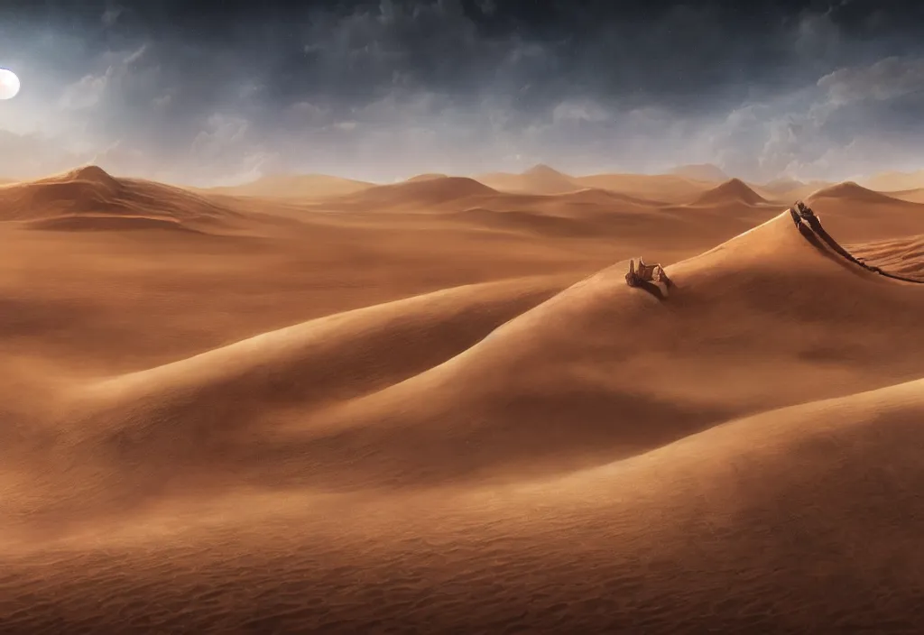 Prompt: a dramatic epic ethereal stunning beautiful and insanely detailed matte painting of the movie Dune, atmospheric!! and vaporwave composition, digital art by John Martin and Jean Giraud, winning-award masterpiece, fantastic, octane render, 8K HD Resolution, High quality image