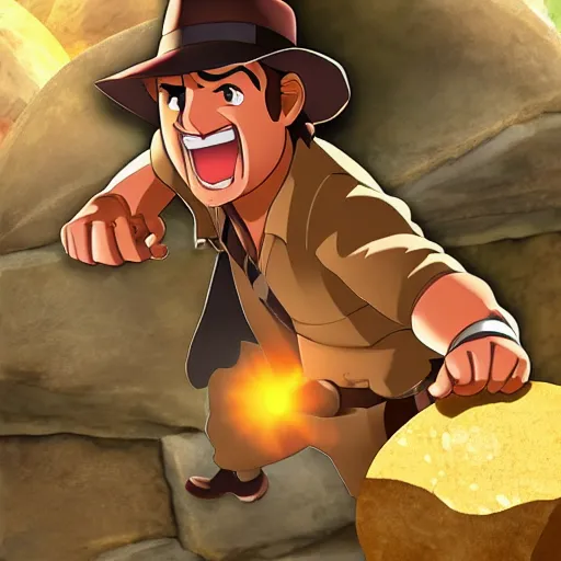 Image similar to Indiana Jones running away from boulder trap, boulder chase, underground sandstone temple background, giant round stone chasing Indian Jones, raiders of the lost ark, anime key visual