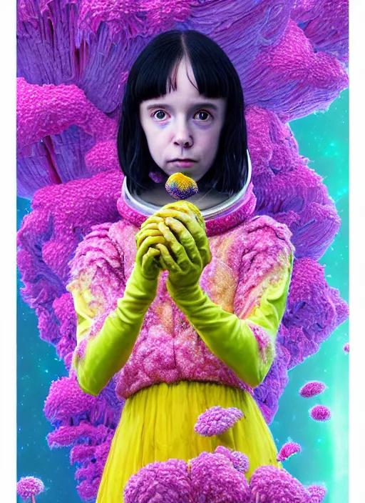 Image similar to hyper detailed 3d render like a Oil painting - kawaii portrait Aurora (an astronaut girl with suit like a skeksis from dark crystal that looks like millie bobby brown and Krysten Ritter) seen Eating of the Strangling network of yellowcake aerochrome and milky Fruit and His delicate Hands hold of gossamer polyp blossoms bring iridescent fungal flowers whose spores black the foolish stars by Jacek Yerka, Ilya Kuvshinov, Mariusz Lewandowski, Houdini algorithmic generative render, Abstract brush strokes, Masterpiece, Edward Hopper and James Gilleard, Zdzislaw Beksinski, Mark Ryden, Wolfgang Lettl, hints of Yayoi Kasuma, octane render, 8k