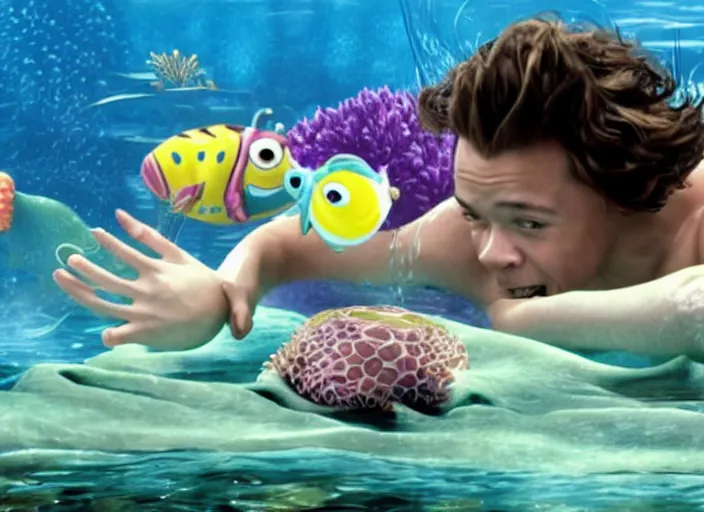 Prompt: film still of harry styles swimming with an octopus in the new finding nemo movie, 4 k