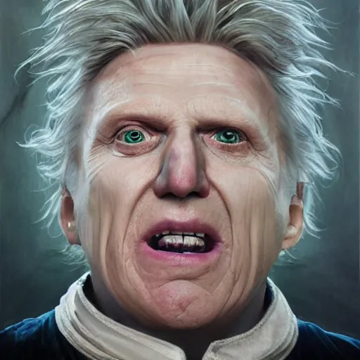 Image similar to hyperrealistic mixed media high resolution painting of Gary Busey Emperor Palpatine, stunning 3d render inspired art by Jamie Salmon and WForrest and Greg Rutkowski, perfect facial symmetry, dim volumetric lighting, 8k octane beautifully detailed render, full body shot, post-processing, extremely hyper-detailed, intricate, epic composition, highly detailed attributes, highly detailed atmosphere, cinematic lighting, masterpiece, trending on artstation, very very detailed, masterpiece, stunning, flawless completion, lifelike texture, perfection,