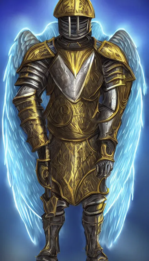 Prompt: digital art of strong knight wearing plate armor, holding weapon and shield, standing upright, full body. good, holy paladin, angel wings, blue and gold details, glowing eyes