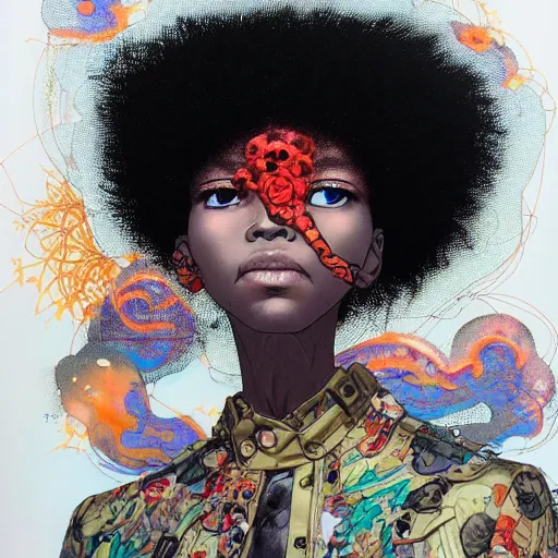 Prompt: afropunk portrait soft light painted by james jean and katsuhiro otomo and erik jones, inspired by akira anime, smooth face feature, intricate oil painting, high detail illustration, sharp high detail, manga and anime 1 9 9 9