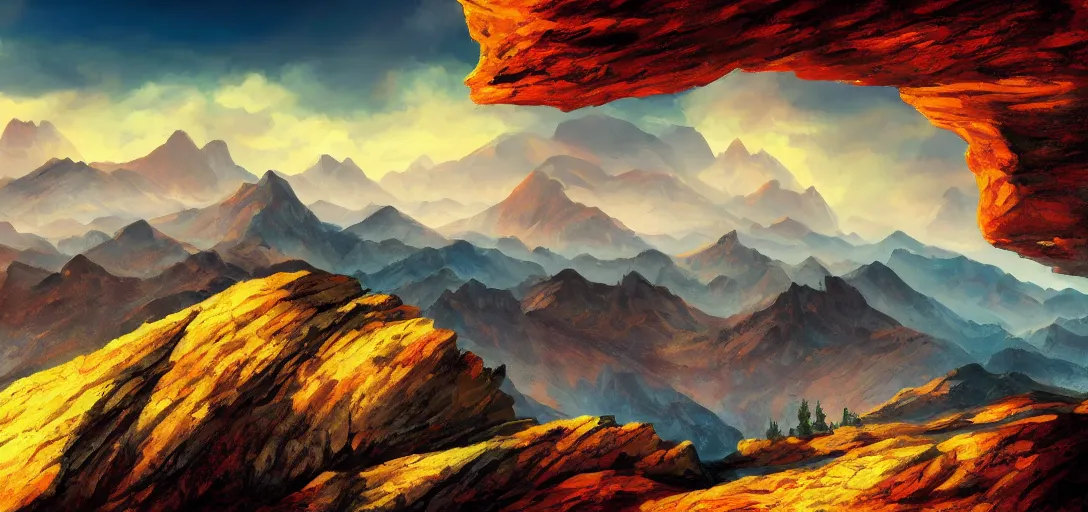 Image similar to vast mountain landscape, craggy mountains, magic the gathering, three - colors, three - color color palette, panoramic, wide angle, horizon, 4 k