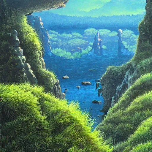 Image similar to detailed painting of a lush natural scene on an alien planet by tojiro oshita. beautiful landscape. weird vegetation. cliffs and water.