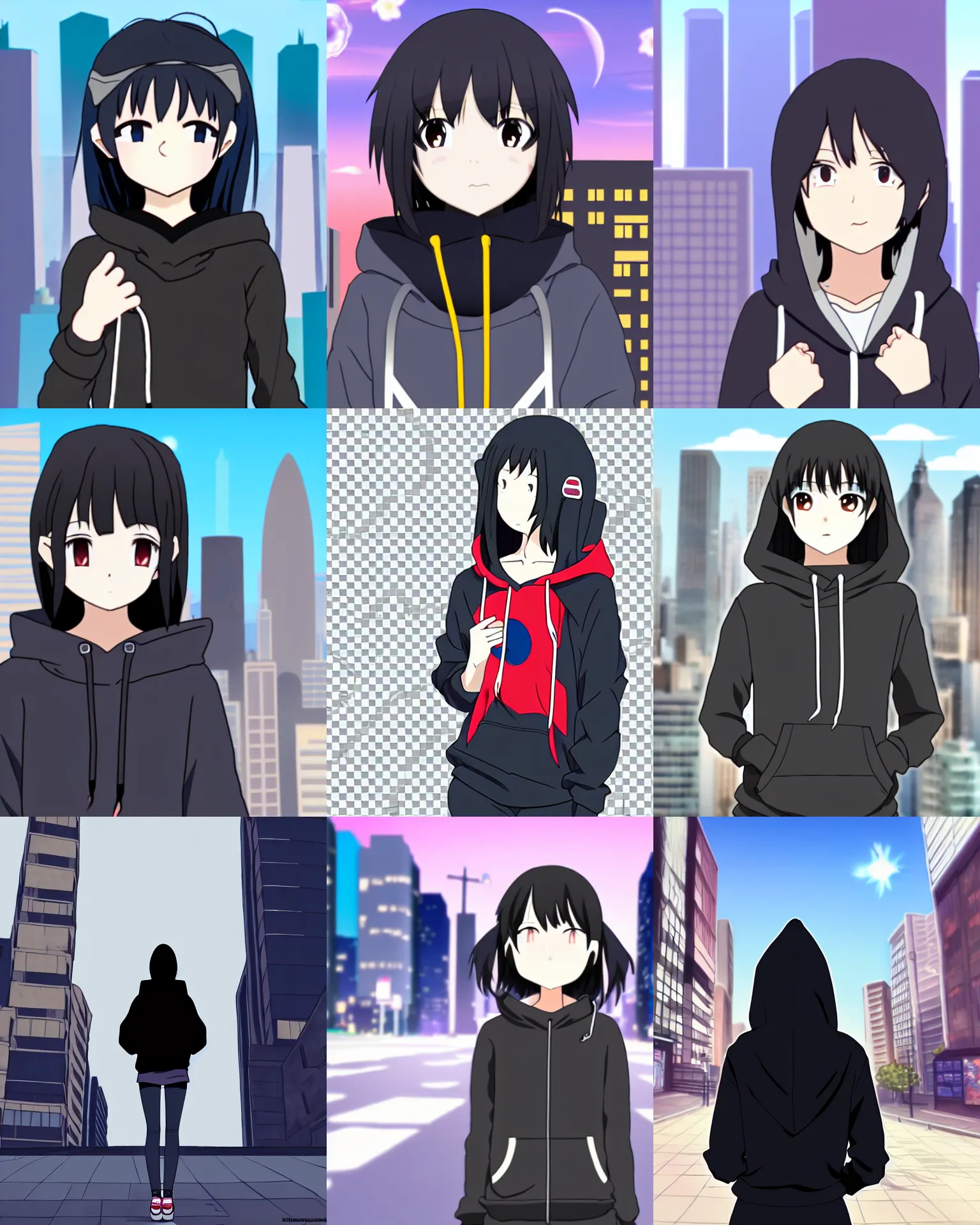 Prompt: black haired girl wearing hoodie, city, anime screenshot, dogakobo