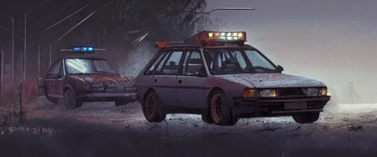 Image similar to Scrap Audi 80 B3 Avant (1988) facing a strider, Half-Life 2: Episode 2 (PC), a post-apocalyptic outland, dramatic lighting, cinematic, establishing shot, extremely high detail, photorealistic, cinematic lighting, artstation, by simon stalenhag