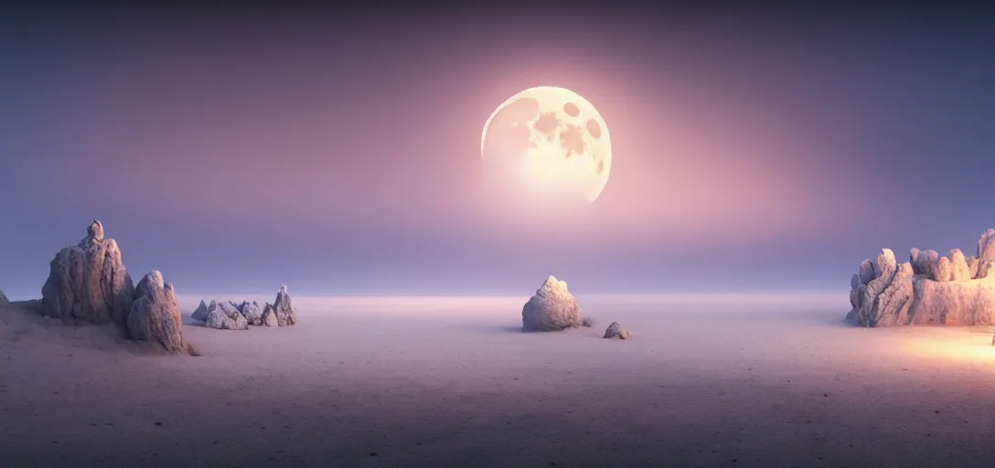 Image similar to octane render uhd, filmic lighting, cinematic art shot, hyperrealistic, hyperdetailed, super detailed, 8 k, high resolution, sandy white moon landscape, white rocks made of bone, 8 k uhd matte painting by ross tran and ivan aivazovsky, mega high white mountain, midnight