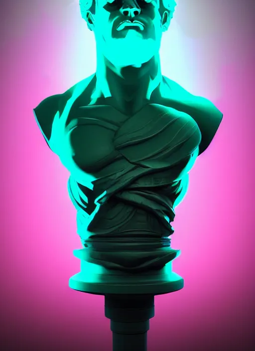 Prompt: bust of hercules, beeple, vaporwave, retrowave, black background, neon wiring, black, glitch, strong contrast, cuts, pinterest, trending on artstation