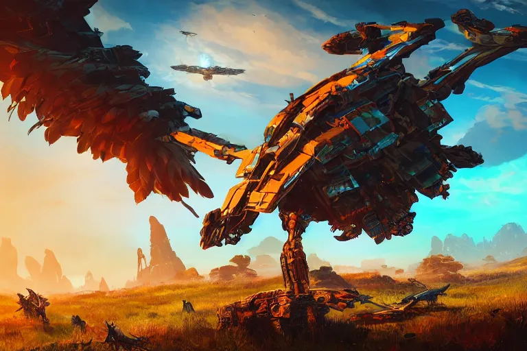 Prompt: stormbird machine mecanical creature robot of horizon forbidden west horizon zero dawn radiating a glowing aura global illumination ray tracing hdr fanart arstation by ian pesty and alena aenami artworks in 4 k