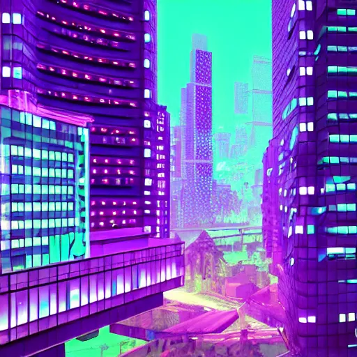 Prompt: cyberpunk city, aqua, green, and purple neon lighting