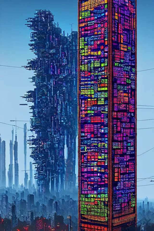 Image similar to cyberpunk tower made out of billions of stacked computer screens by simon stalenhag and dan mumford