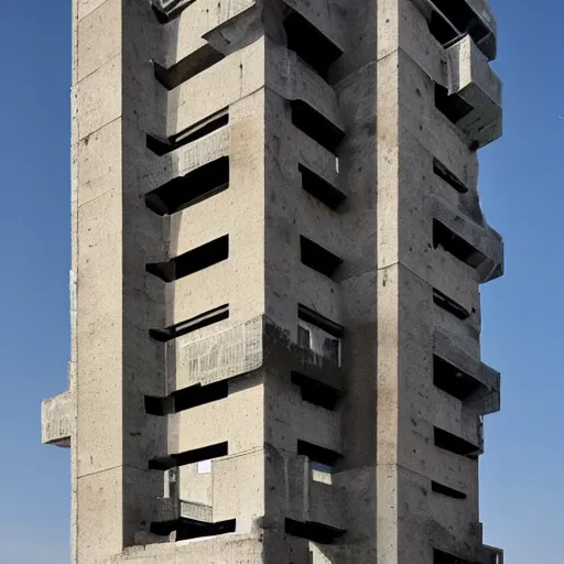 Prompt: a giant brutalist tower built in brutalist architecture, diverse unique building geometry full of shapes and corners, with a smaller base than the top of the tower, slowly growing in width as we get higher