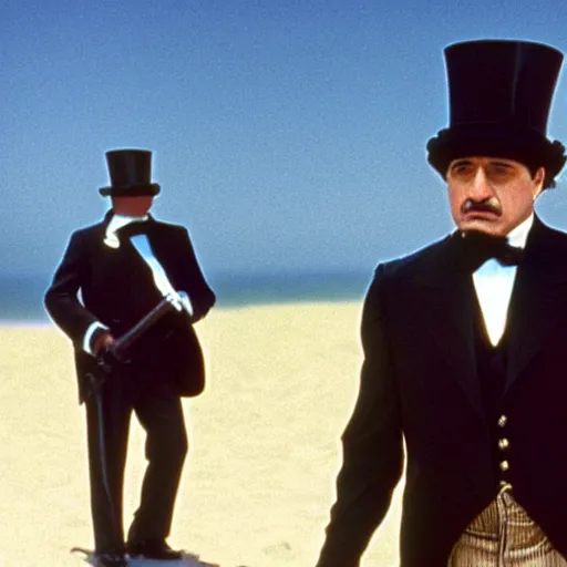 Prompt: the godfather wears a top hat and holds a gun. 5 0 mm, cinematic, technicolor. sea and beach and a man in the background.