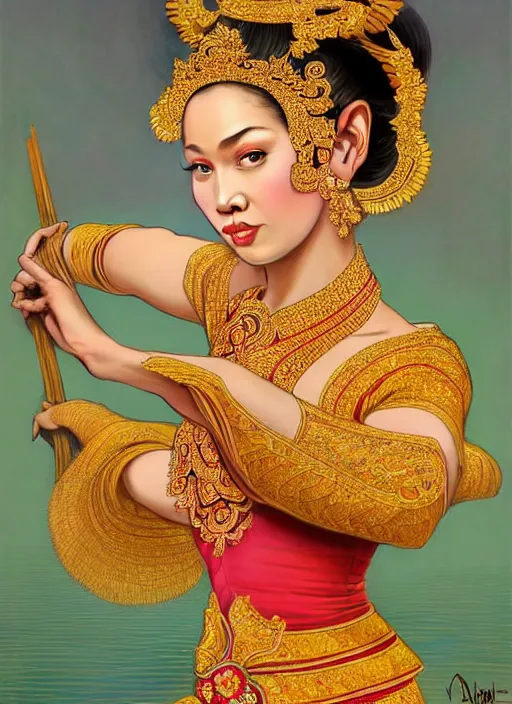 Image similar to javanese traditional dance, surealism, aesthetic, shiny, fantasy, intricate, elegant, extremely higly detailed, digital painting, artstation, face perfect, baroque, body perfect, concept art, octane render, cycles render, smooth, sharp focus, full body focus, illustration, digital painting, art by artgerm and greg rutkowski and alphonse mucha