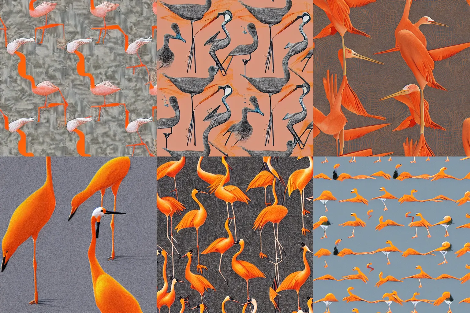Prompt: seamles pencil drawing of many cranes, wallpaper, texture, orange pastel colors