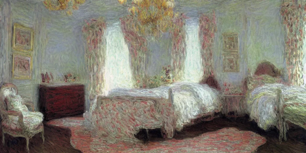 Image similar to a cozy bedroom decorated by Monet, detailed, high resolution, wow!, intricate