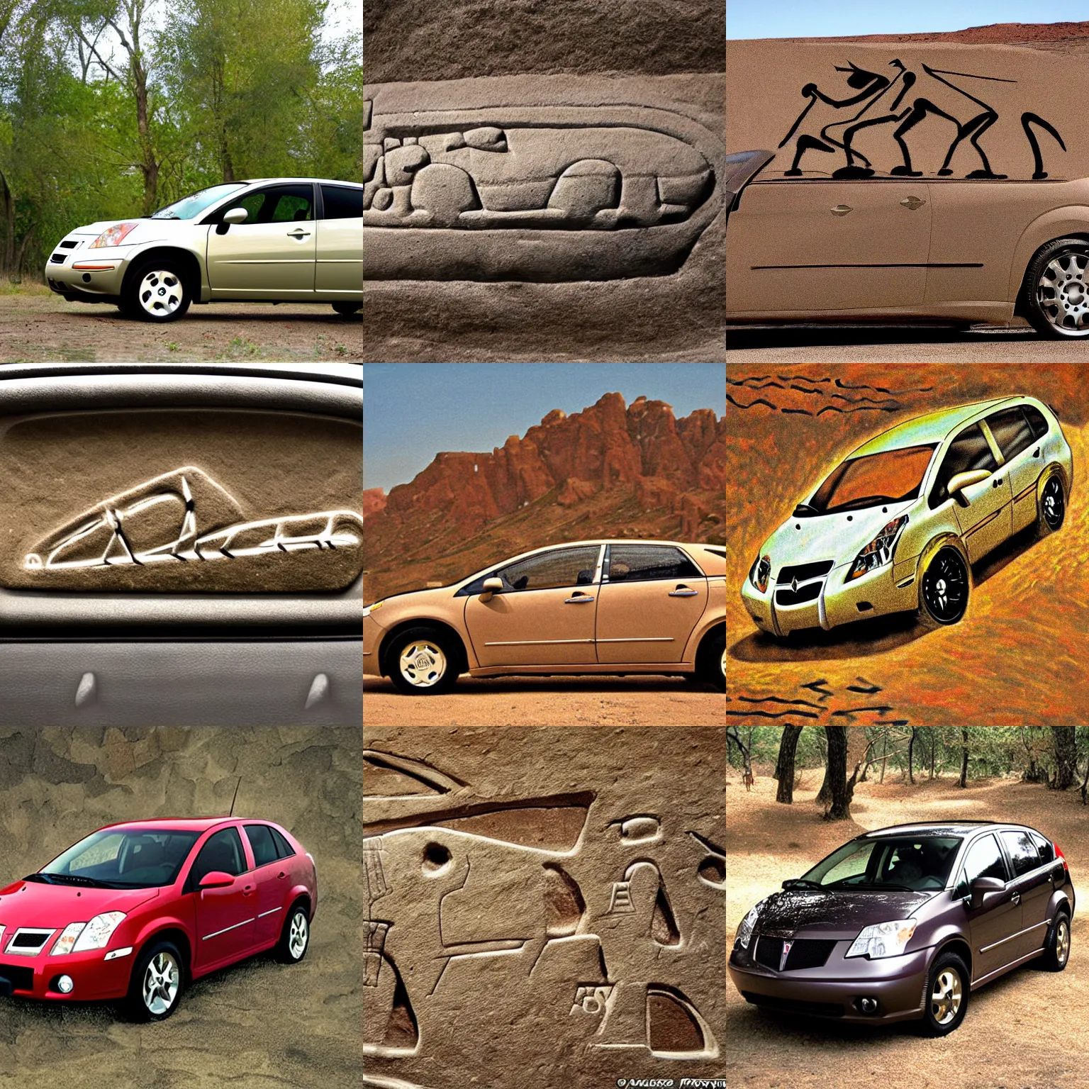 Prompt: prehistoric primitive art representing a 2006 Pontiac vibe