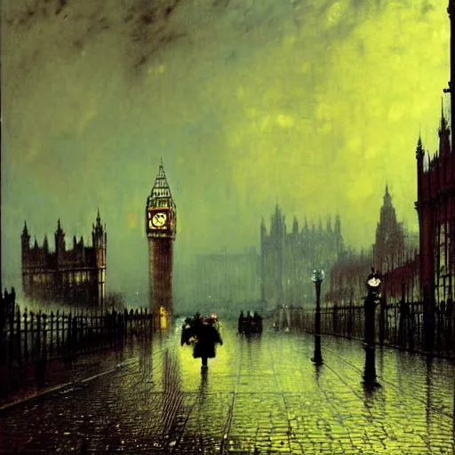 Prompt: the London Blitz, artwork by John Atkinson Grimshaw