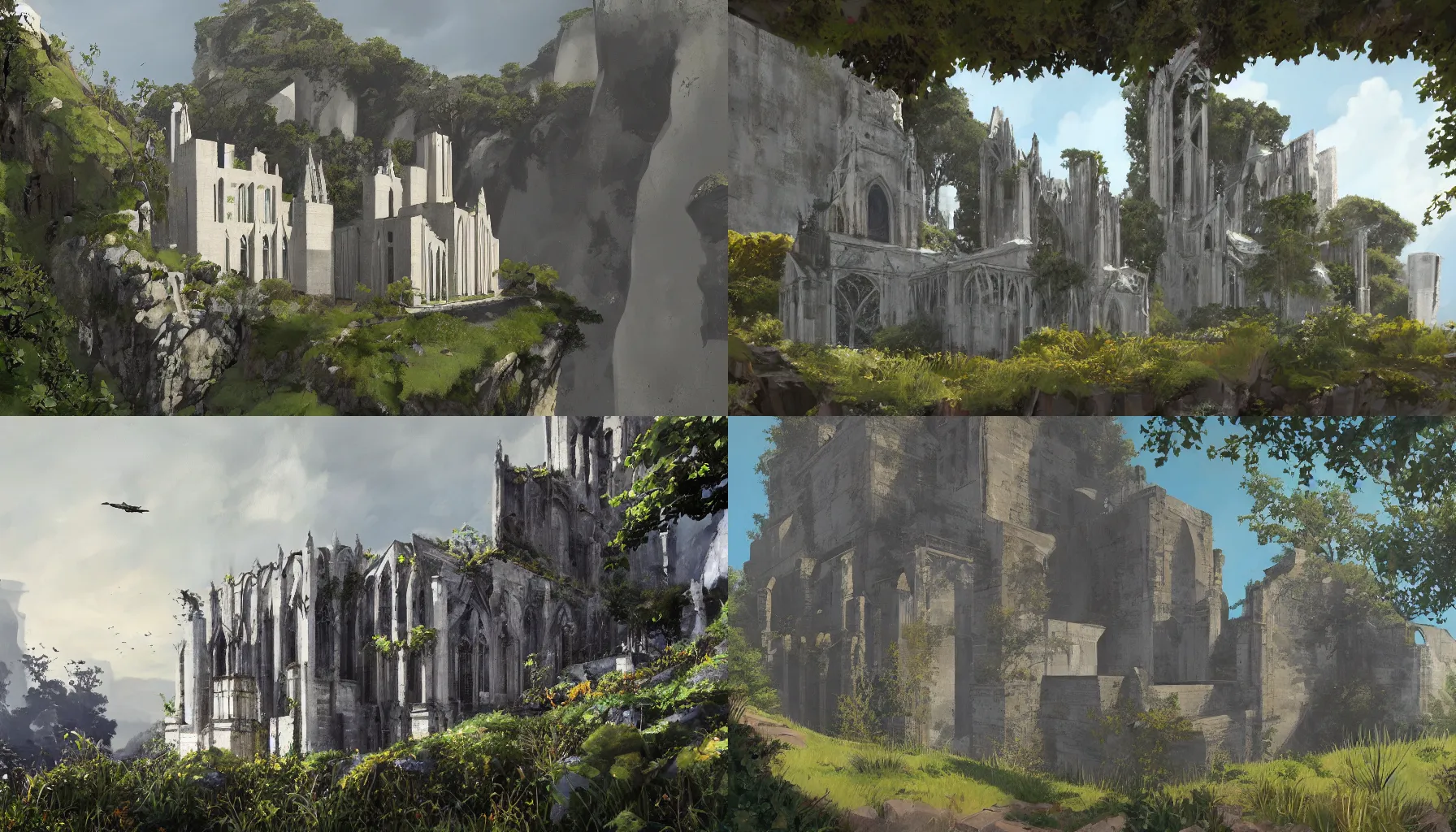 Prompt: Stunning Charles Sheer painting of an overgrown sanctuary next to a white brutalist cathedral on the edge of a cliff, flying buttresses hanging over the cliffside, muted colours, TF2 screenshot colour palette