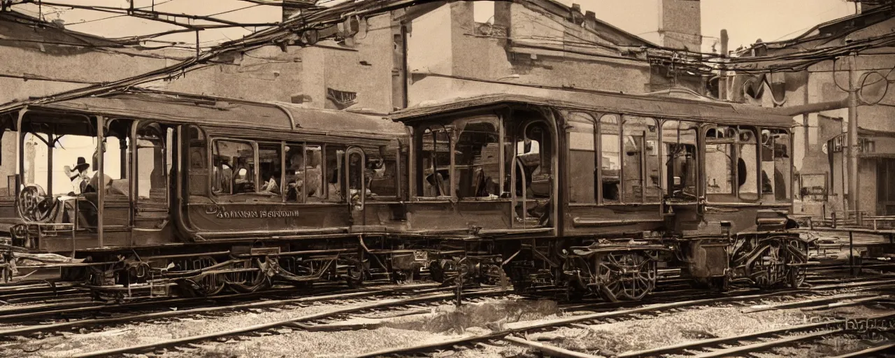 Prompt: early train built with spaghetti engines, canon 5 0 mm, cinematic lighting, photography, retro, kodachrome film