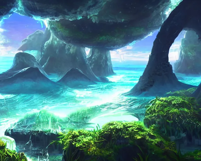 Image similar to scenery artwork, scene beautiful, light!! light essential underground ocean world atlantis and nature vegetation with daylight, surrealism oil on canvas, artstation!! pixiv!! dream scenery, quality astral projection render, nier automata concept art, vaporwave textures