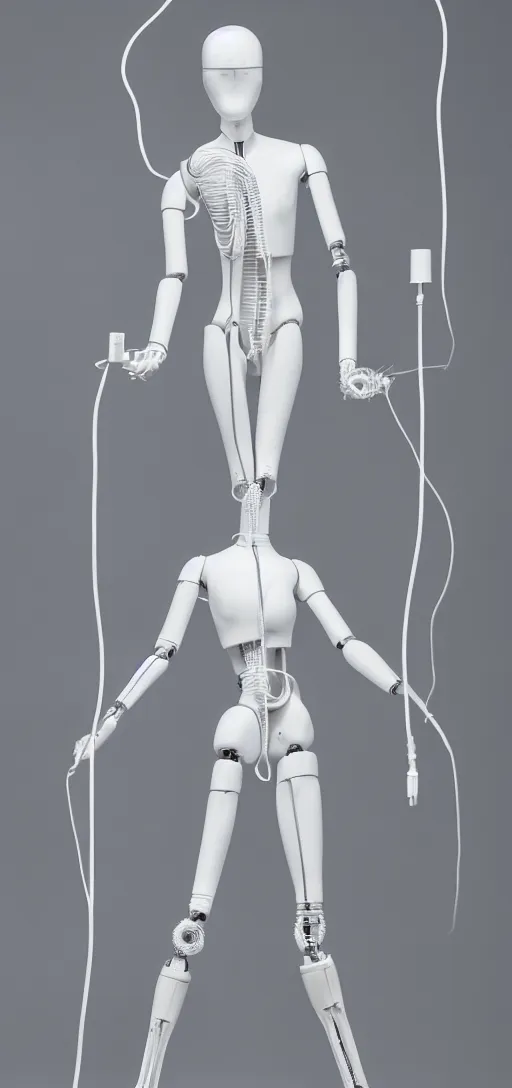 Image similar to a white futuristic mannequin with wires and pipes extending from its body