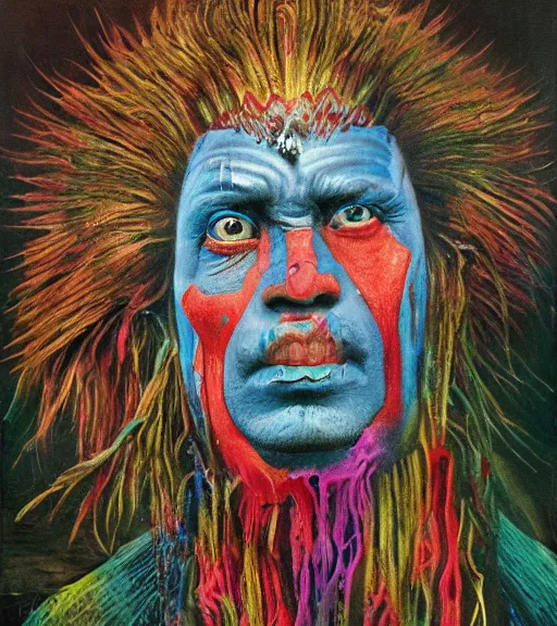 Image similar to Portrait painting in a style of Beksinski mixed with Alex Grey of an old shaman dressed in a colorful traditional clothes.